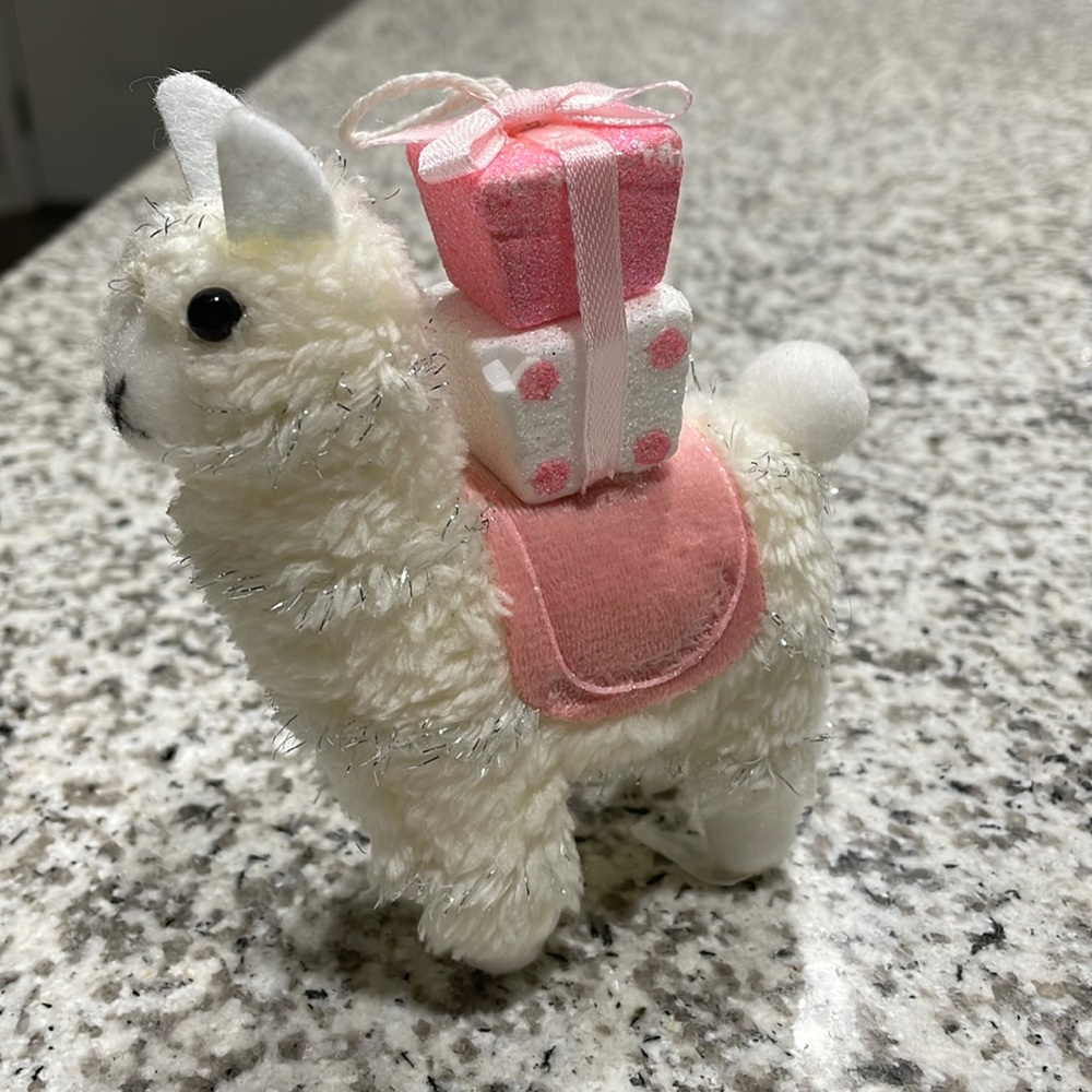 Pink and White Fuzzy Sparkly Christmas Ornament Llama Alpaca